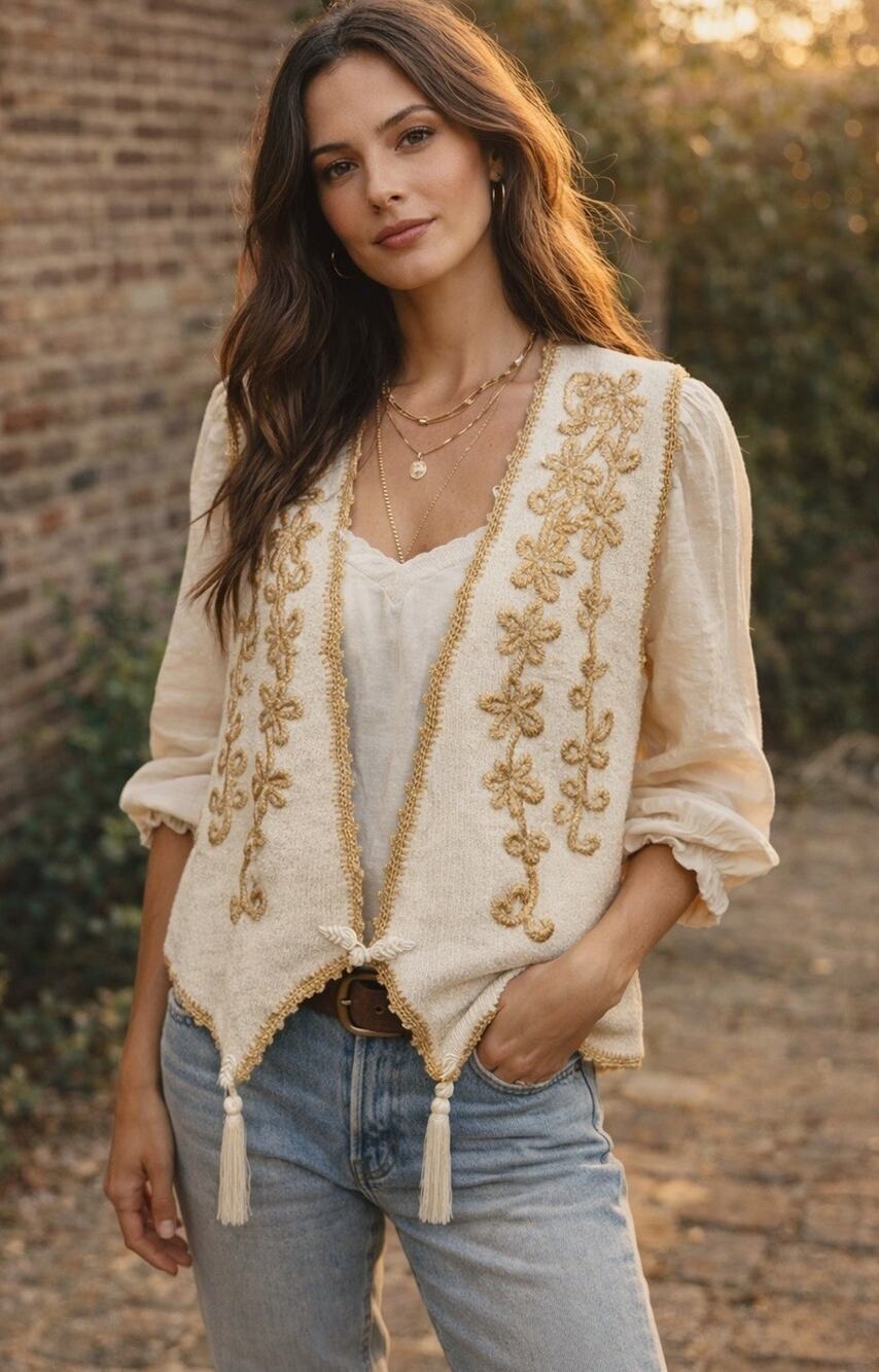 Vintage RAFIA Embroidered Sweater Vest L Ivory Gold Tassel Boho Festival 80s